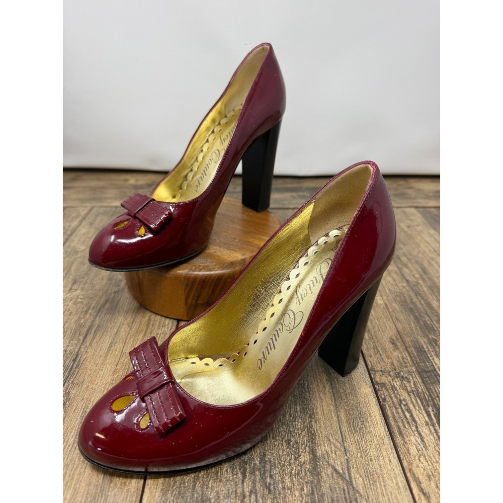Juicy Couture Burgundy Patent Leather Bow Block Heel Pumps Made in Italy 5.5 M